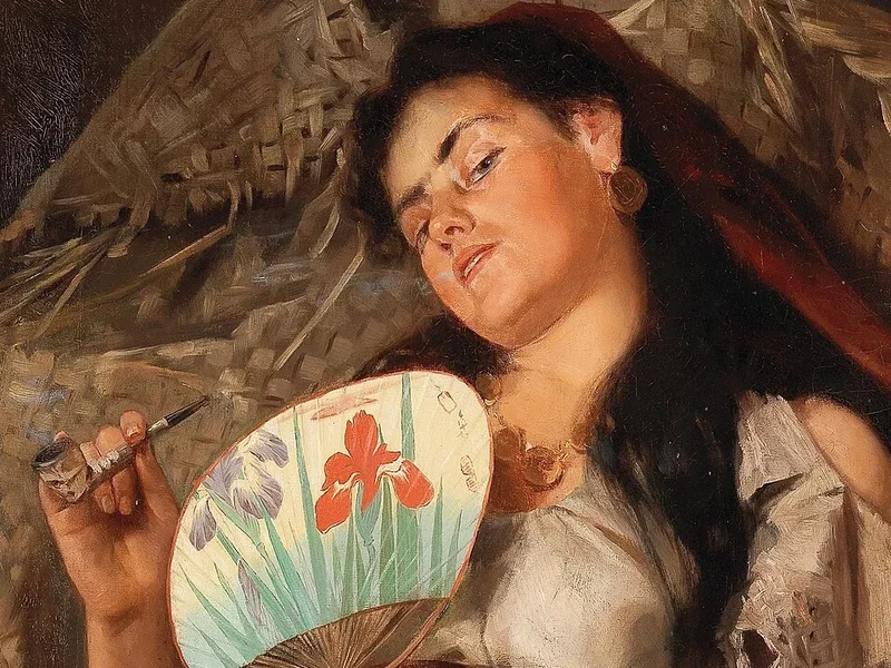 1844-Edmund Blume - Ragazza che fuma la pipa con ventaglio giapponese